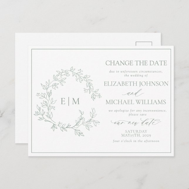Sage Green Leafy Crest Monogram Change The Date Invitation Postcard (Front/Back)