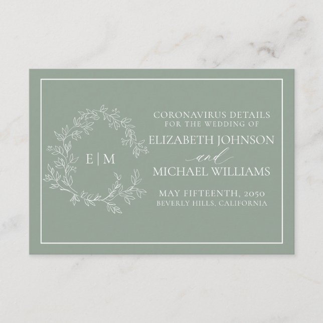 Sage Green Leafy Crest Monogram Coronavirus Detail Enclosure Card (Front)
