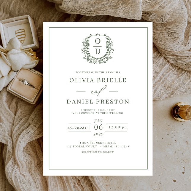 Sage Green Leafy Crest Monogram Elegant Wedding Invitation (Creator Uploaded)