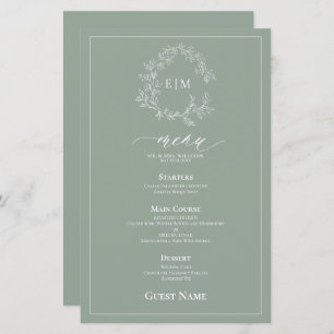 Sage Green Leafy Crest Monogram Guest Wedding Menu