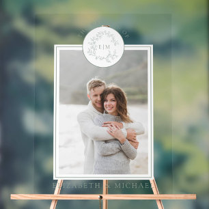 Sage Green Leafy Crest Monogram Photo Wedding Acrylic Sign