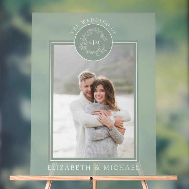 Sage Green Leafy Crest Monogram Photo Wedding Acrylic Sign (Neutral)