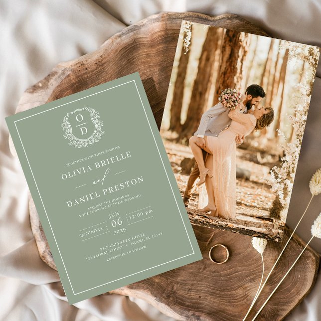 Sage Green Leafy Crest Monogram Photo Wedding Invitation (Creator Uploaded)