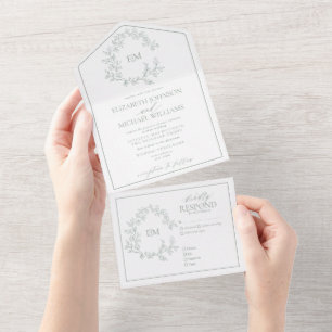 Sage Green Leafy Crest Monogram Wedding All In One Invitation