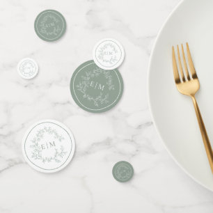Sage Green Leafy Crest Monogram Wedding Confetti