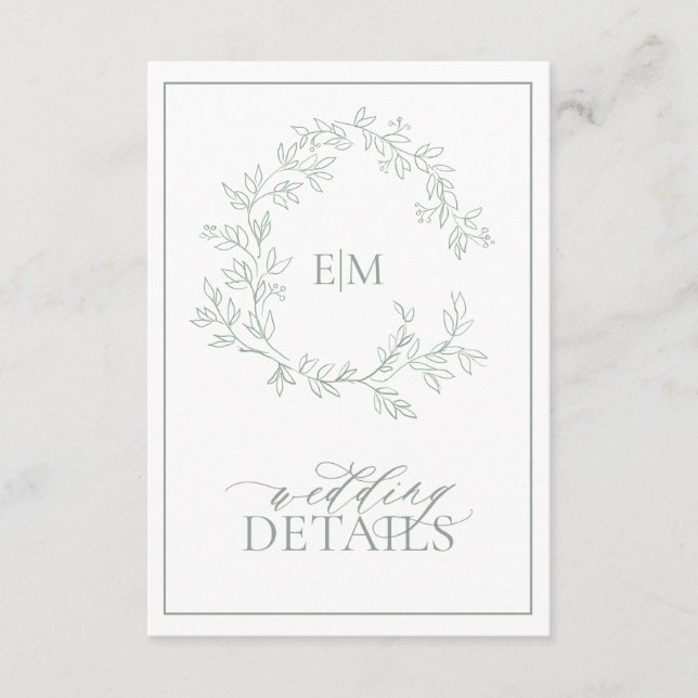Sage Green Leafy Crest Monogram Wedding Enclosure  Card (Front)