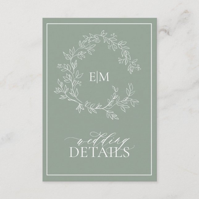 Sage Green Leafy Crest Monogram Wedding Enclosure Card (Front)