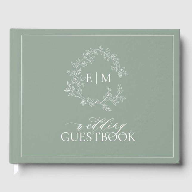Sage Green Leafy Crest Monogram Wedding Guest Book (Front)