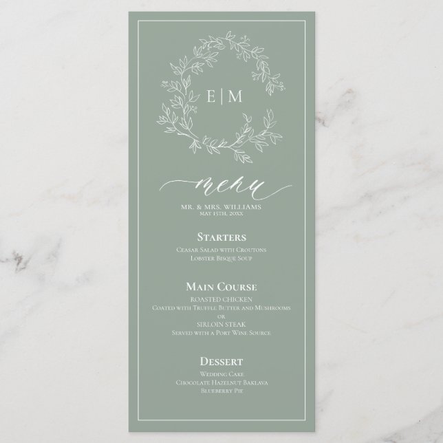 Sage Green Leafy Crest Monogram Wedding Menu (Front)