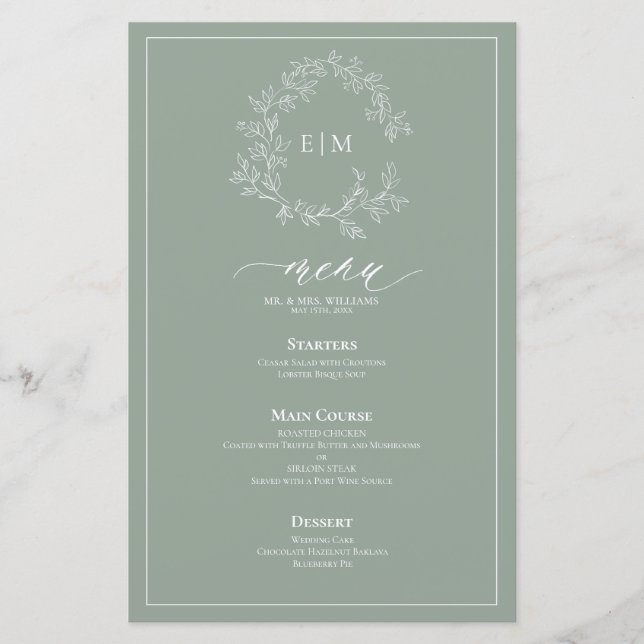 Sage Green Leafy Crest Monogram Wedding Menu (Front)