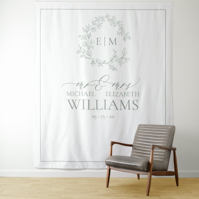 Sage Green Leafy Crest Monogram Wedding Photo Tapestry (In Situ)