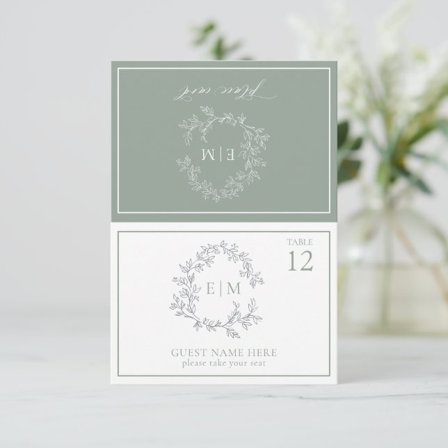Sage Green Leafy Crest Monogram Wedding Place Card (Standing Front)