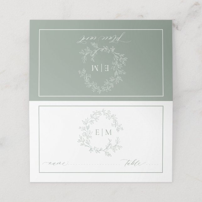 Sage Green Leafy Crest Monogram Wedding Place Card (Outside Unfolded)