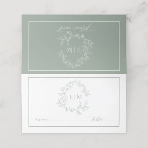 Sage Green Leafy Crest Monogram Wedding Place Card