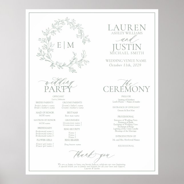 Sage Green Leafy Crest Monogram Wedding Program Po Poster (Front)