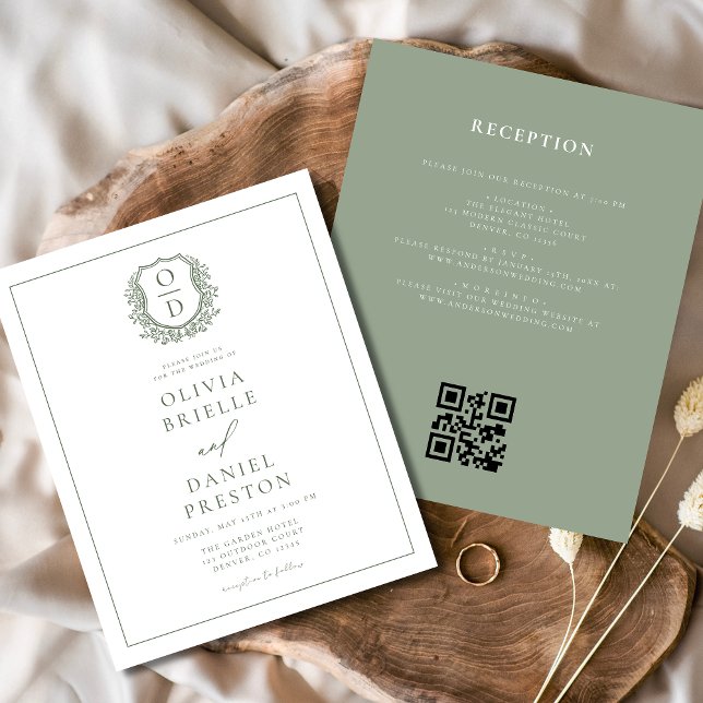 Sage Green Leafy Crest Monogram Wedding QR Code Flyer (Creator Uploaded)