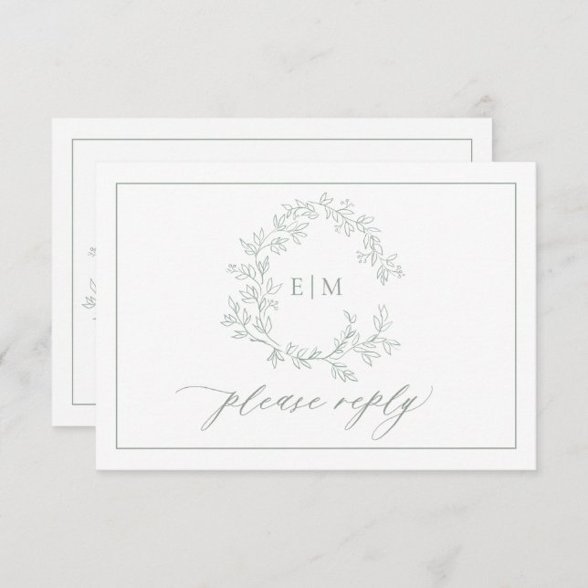 Sage Green Leafy Crest Monogram Wedding RSVP Card (Front/Back)