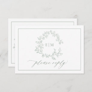 Sage Green Leafy Crest Monogram Wedding RSVP Card