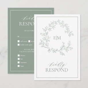 Sage Green Leafy Crest Monogram Wedding RSVP Card