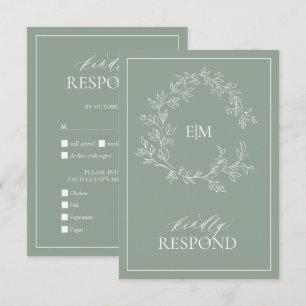 Sage Green Leafy Crest Monogram Wedding RSVP Card