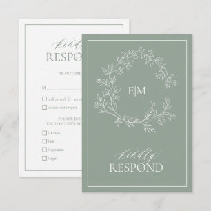 Sage Green Leafy Crest Monogram Wedding RSVP Card