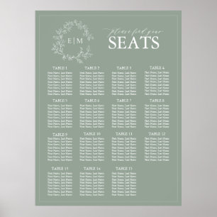 Sage Green Leafy Crest Monogram Wedding Seating Po Poster