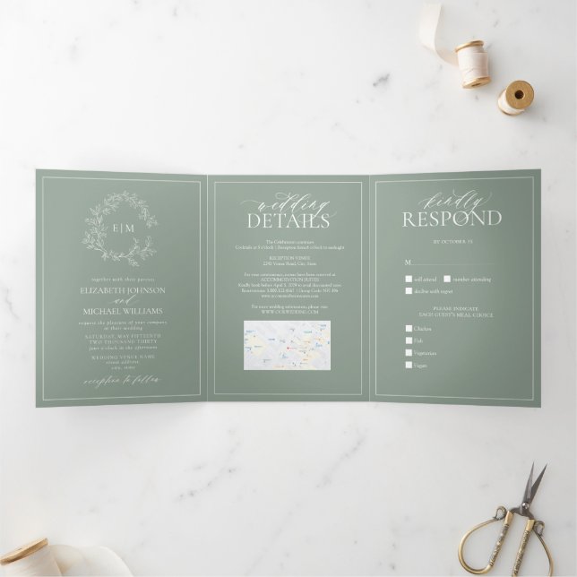 Sage Green Leafy Crest Monogram Wedding Tri-Fold I (Inside)