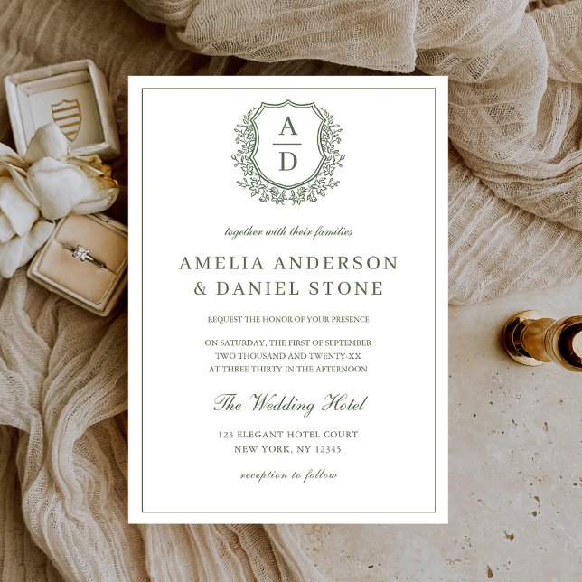 Sage Green Leafy Floral Crest Monogram Wedding  Invitation (Creator Uploaded)