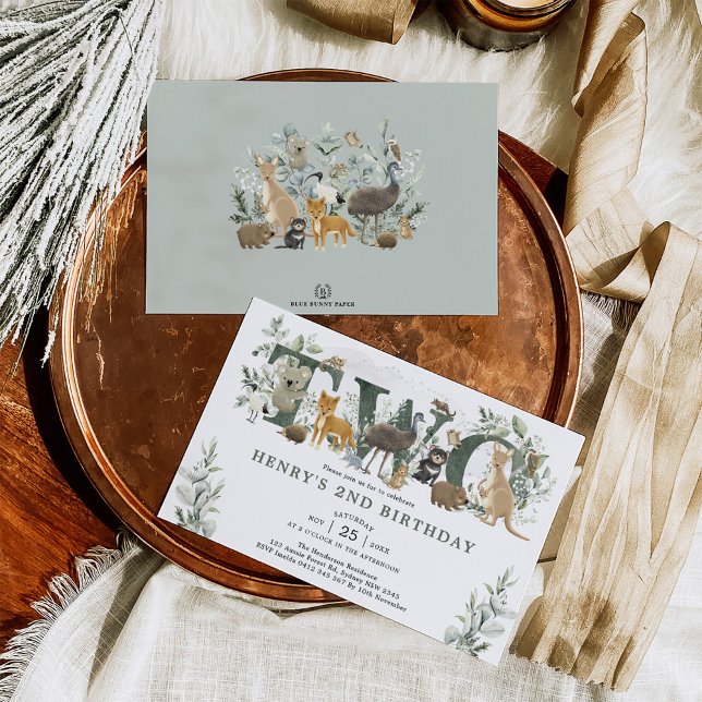Sage Green Leaves Australian Animals 2nd Birthday Invitation (Creator Uploaded)