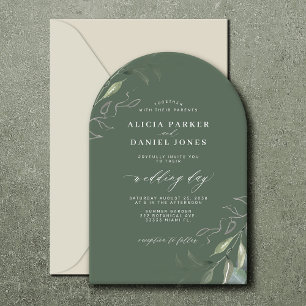 Sage green leaves boho arch wedding invitation
