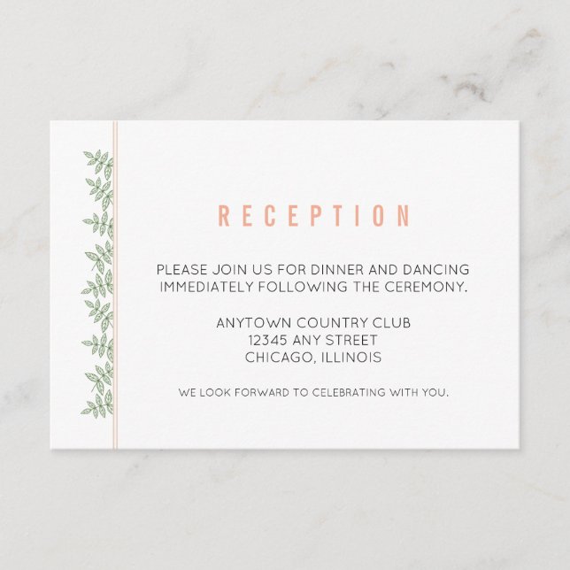 Sage Green Leaves Coral Border Reception Enclosure Card (Front)