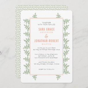 Sage Green Leaves Coral Border Wedding Invitation
