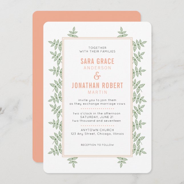 Sage Green Leaves Coral Border Wedding Invitation (Front/Back)