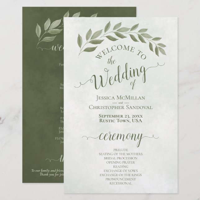 Sage Green Leaves Elegant Budget Wedding Program (Front/Back)