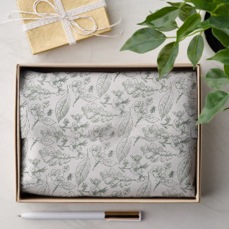 Sage Green Leaves Floral Art Pattern On Ivory Ecru Tissue Paper