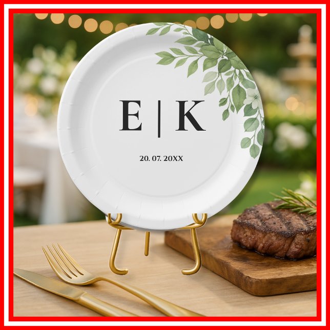 Sage Green Leaves Greenery Monogram Wedding Paper Plate (Creator Uploaded)