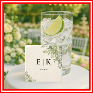 Sage Green Leaves Greenery Monogram Wedding Stone Coaster