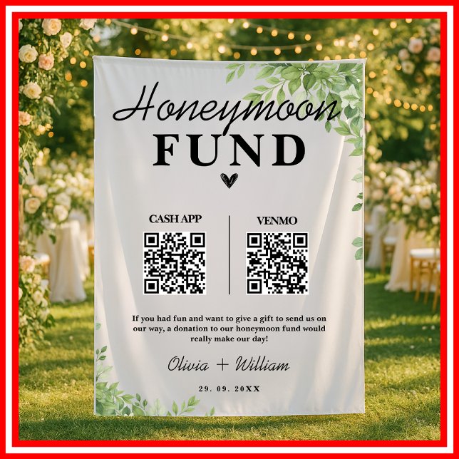 Sage Green Leaves Honeymoon Fund QR Wedding Tapestry (Creator Uploaded)