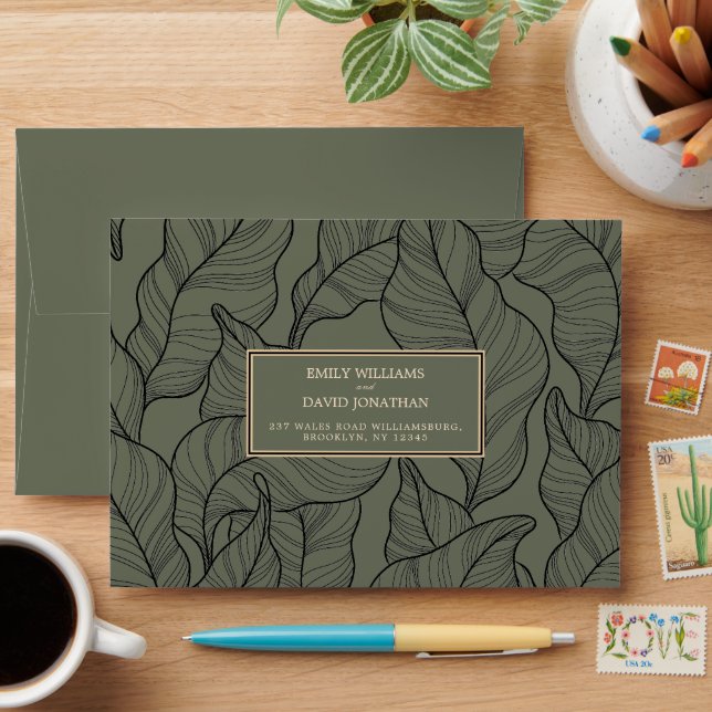 Sage Green Leaves Line Art Elegant  Envelope (Desk)
