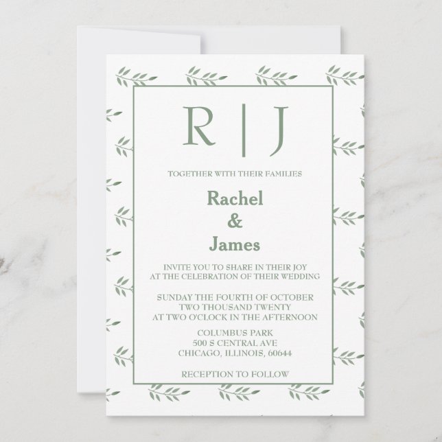 Sage Green Leaves Monogram QR Code Wedding Invitation (Front)