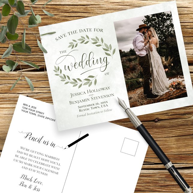Sage Green Leaves & Photo Wedding Save the Date Announcement Postcard (Creator Uploaded)