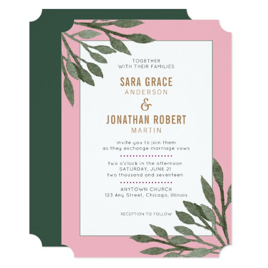 Sage Green Leaves Pink Border Wedding Card