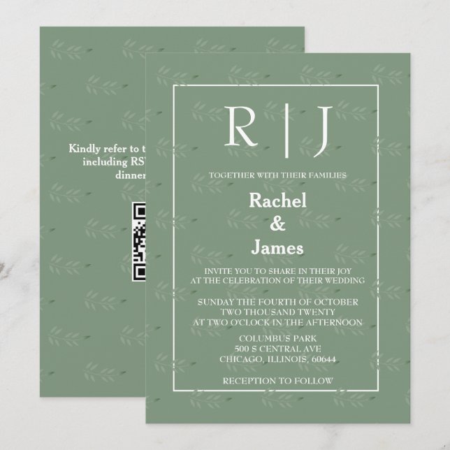 Sage Green Leaves QR Code Monogram Wedding Invitation (Front/Back)