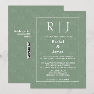 Sage Green Leaves QR Code Monogram Wedding Invitation