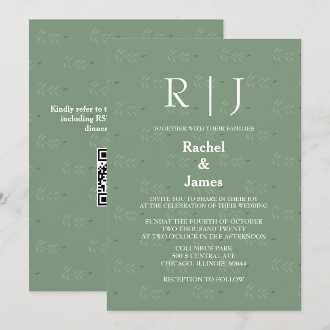 Sage Green Leaves QR Code Monograms Cool Wedding Invitation (Front/Back)