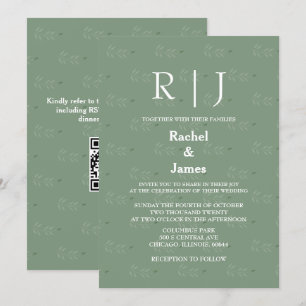 Sage Green Leaves QR Code Monograms Cool Wedding Invitation