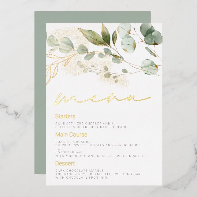 Sage Green Leaves Wedding Gold Foil Menu (Front/Back)