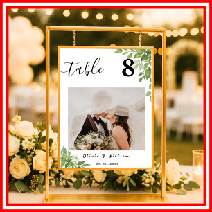 Sage Green Leaves Wedding PHOTO Table Number Poster