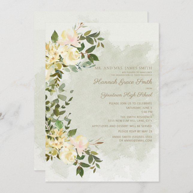 Sage Green Leaves White Floral  Graduation Party Invitation (Front/Back)