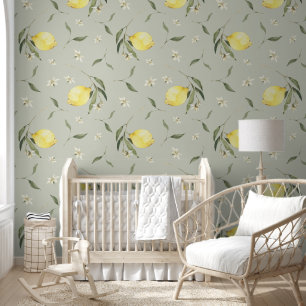 Sage Green Lemon Fruit Pattern Wallpaper
